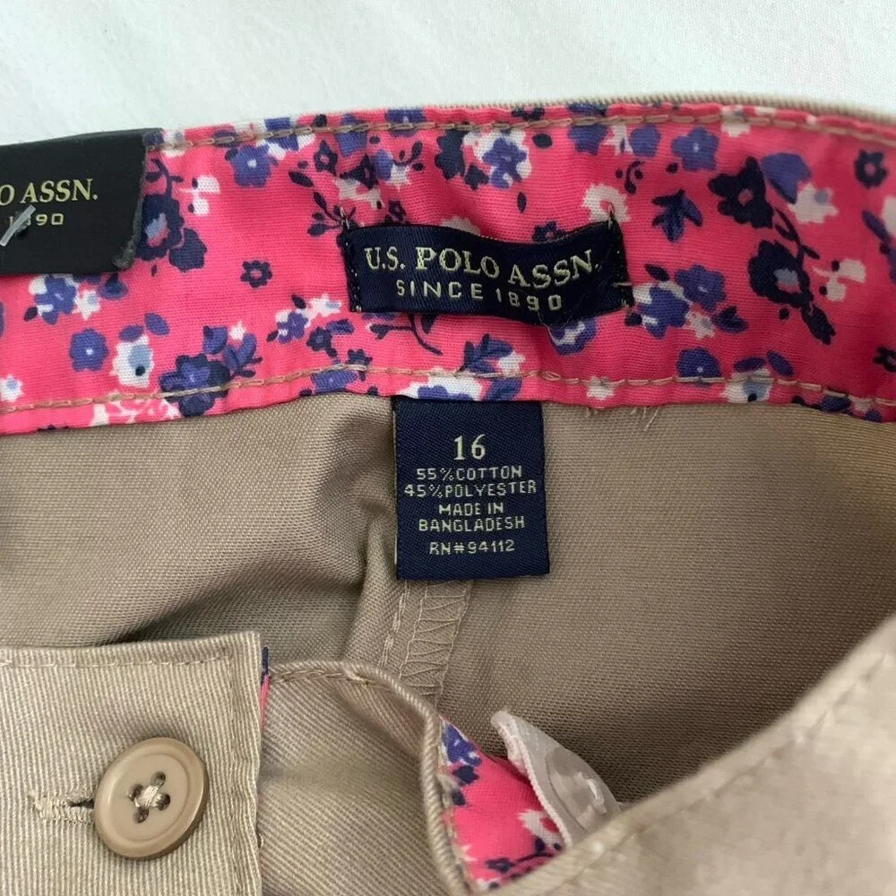 U.S Polo Assn Uniform Shorts Tan Khaki Girls Size 16 Adjustable Waist NWT